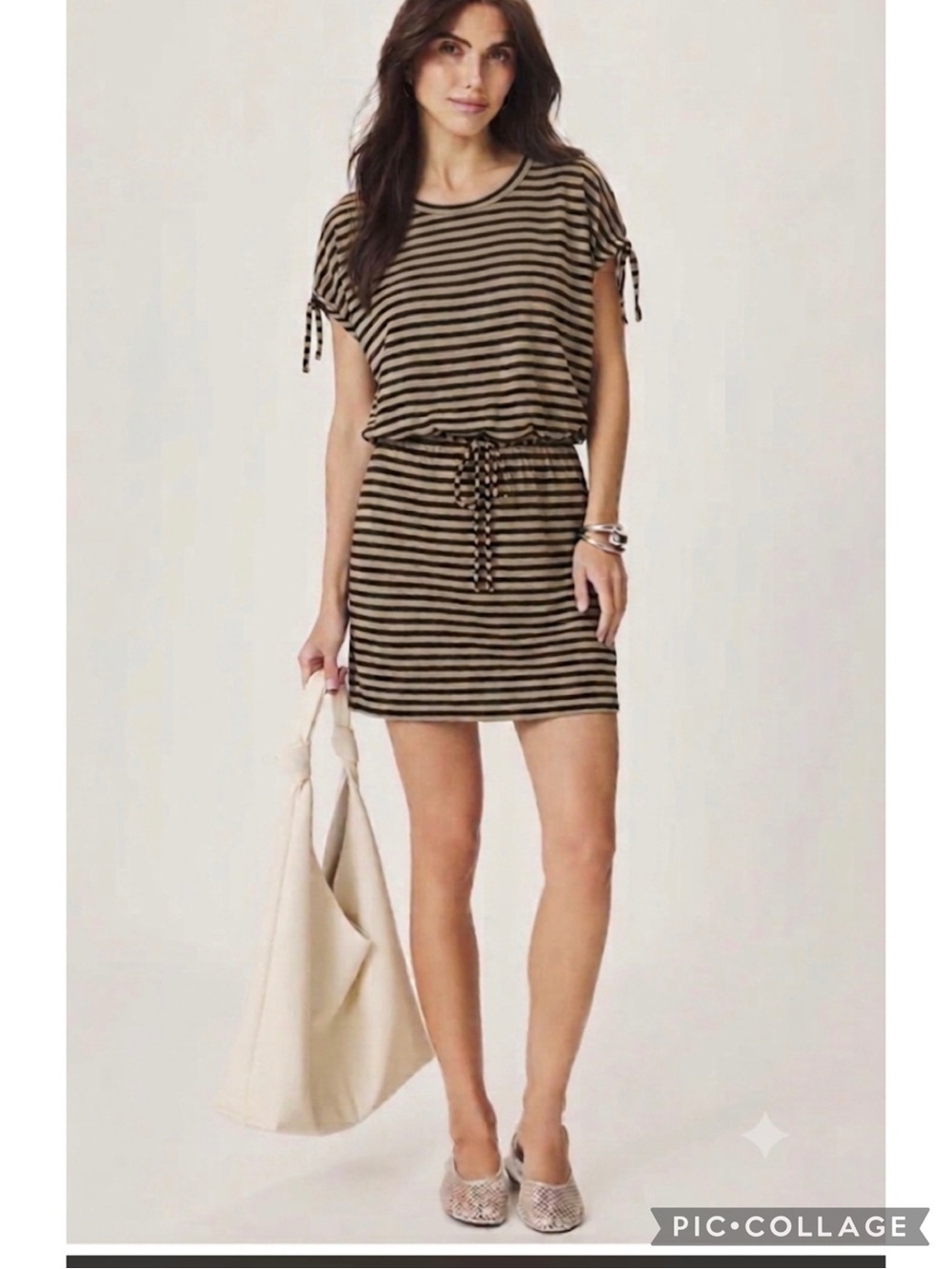 Splendid Tan Black Striped Knit Dolman Tie Sleeve T~ Shirt Dress XS Quiet Luxury